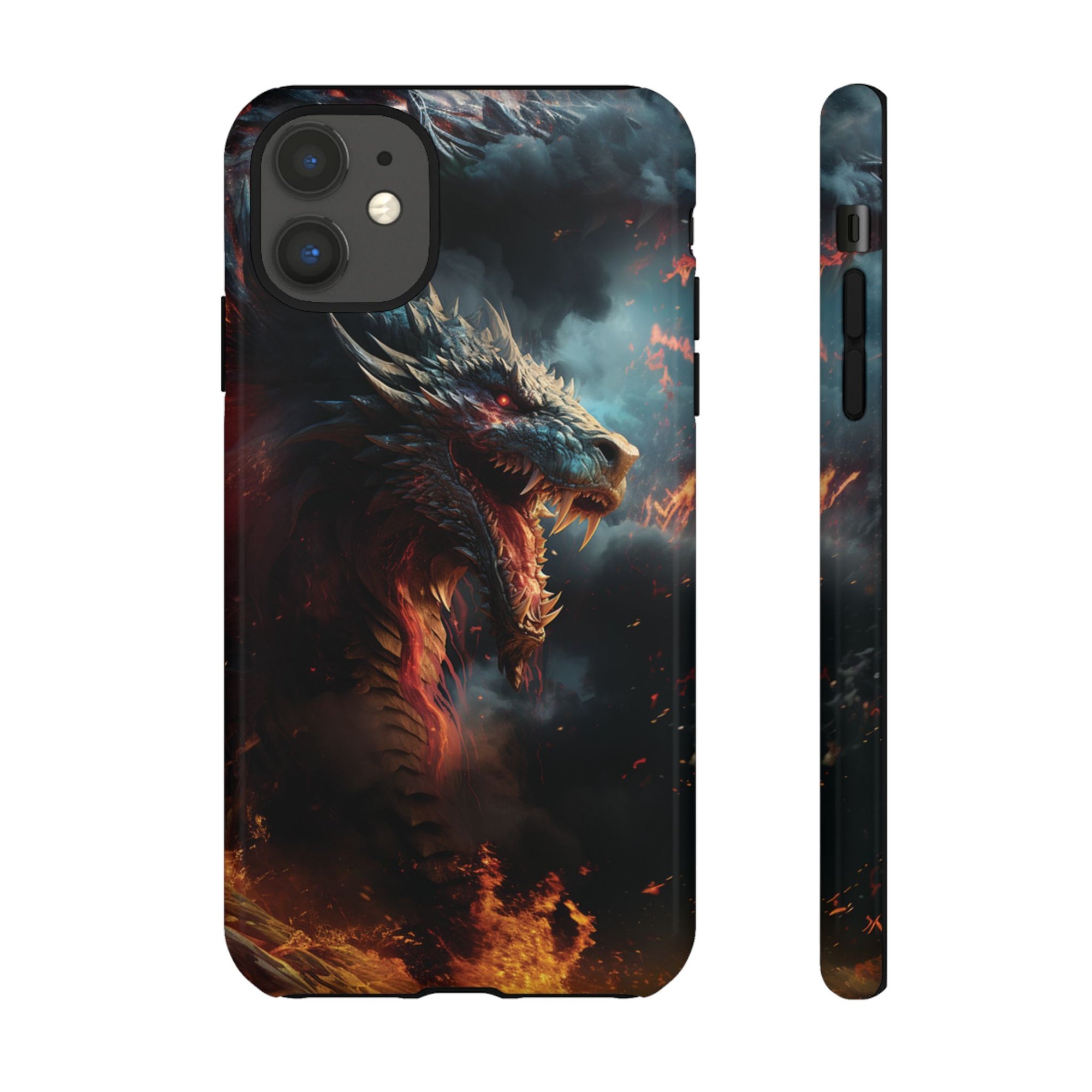 Coque iPhone 11 motif dragon de feu, double couche TPU/PC, finition brillante